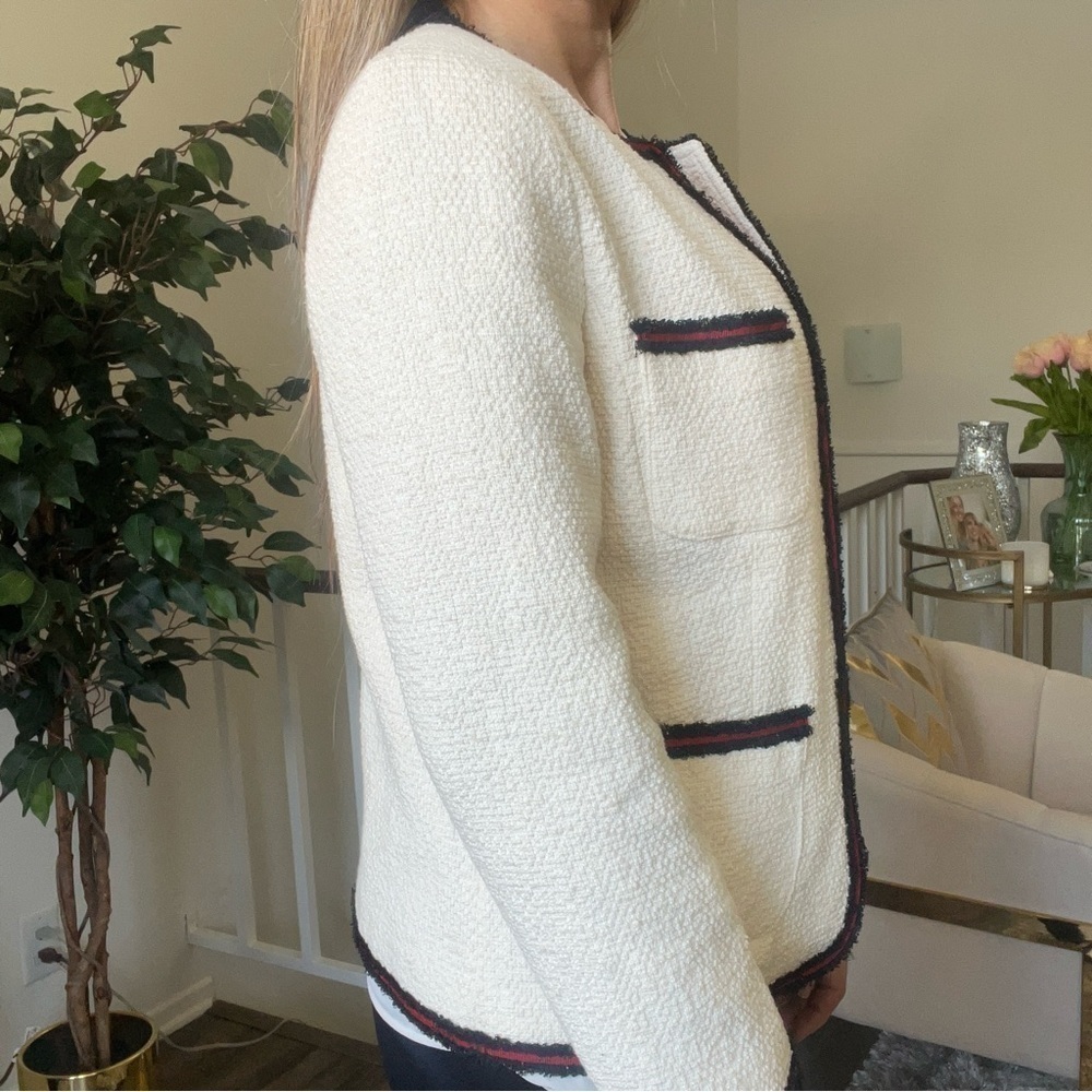 Gerard Darel Ivory Woven Tweed Blazer Long Sleeves Mock Neck Mid Length Summer M - Picture 6 of 15